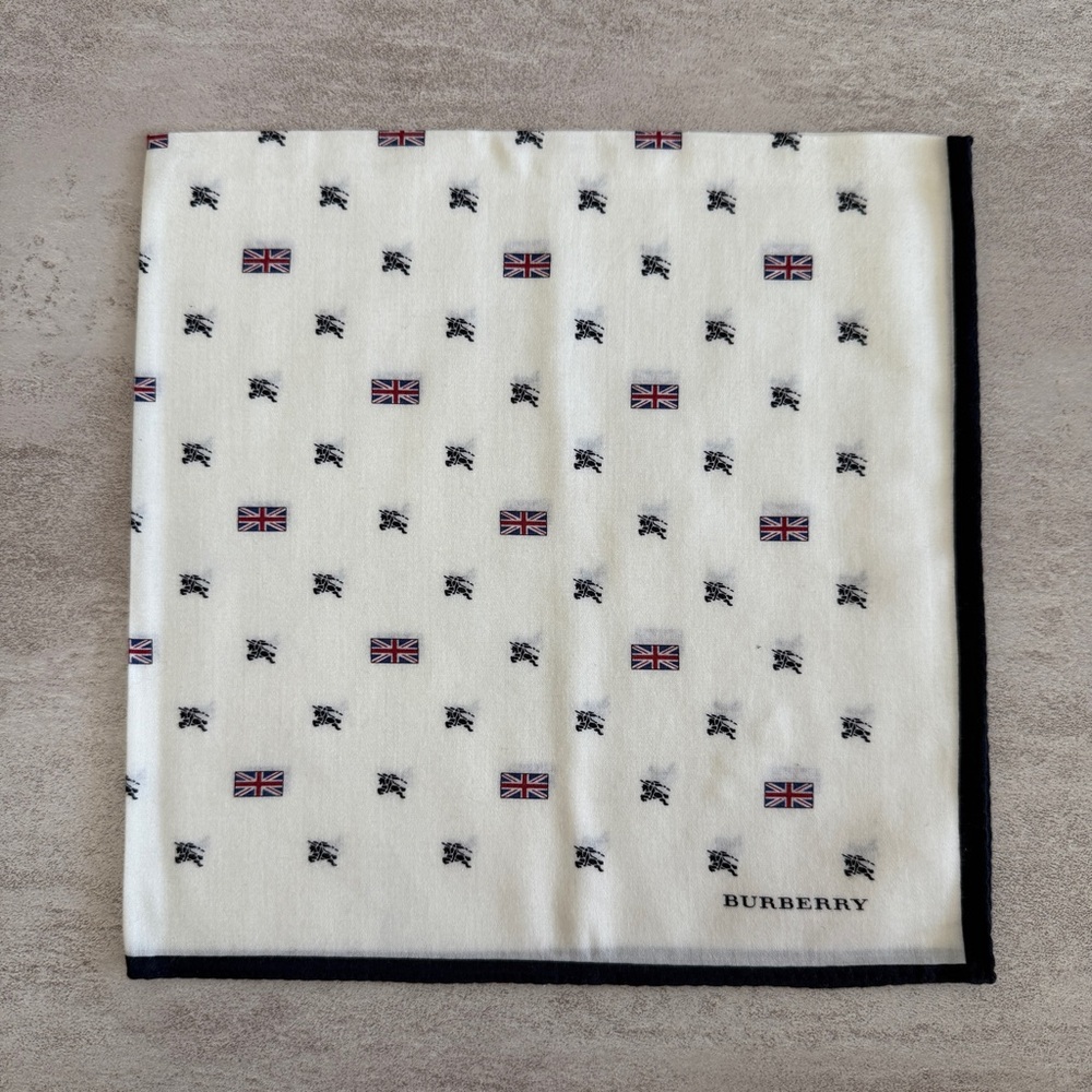 Burberry Cream Scarf with Black Trim and Red/Blue Flag Motif cotton